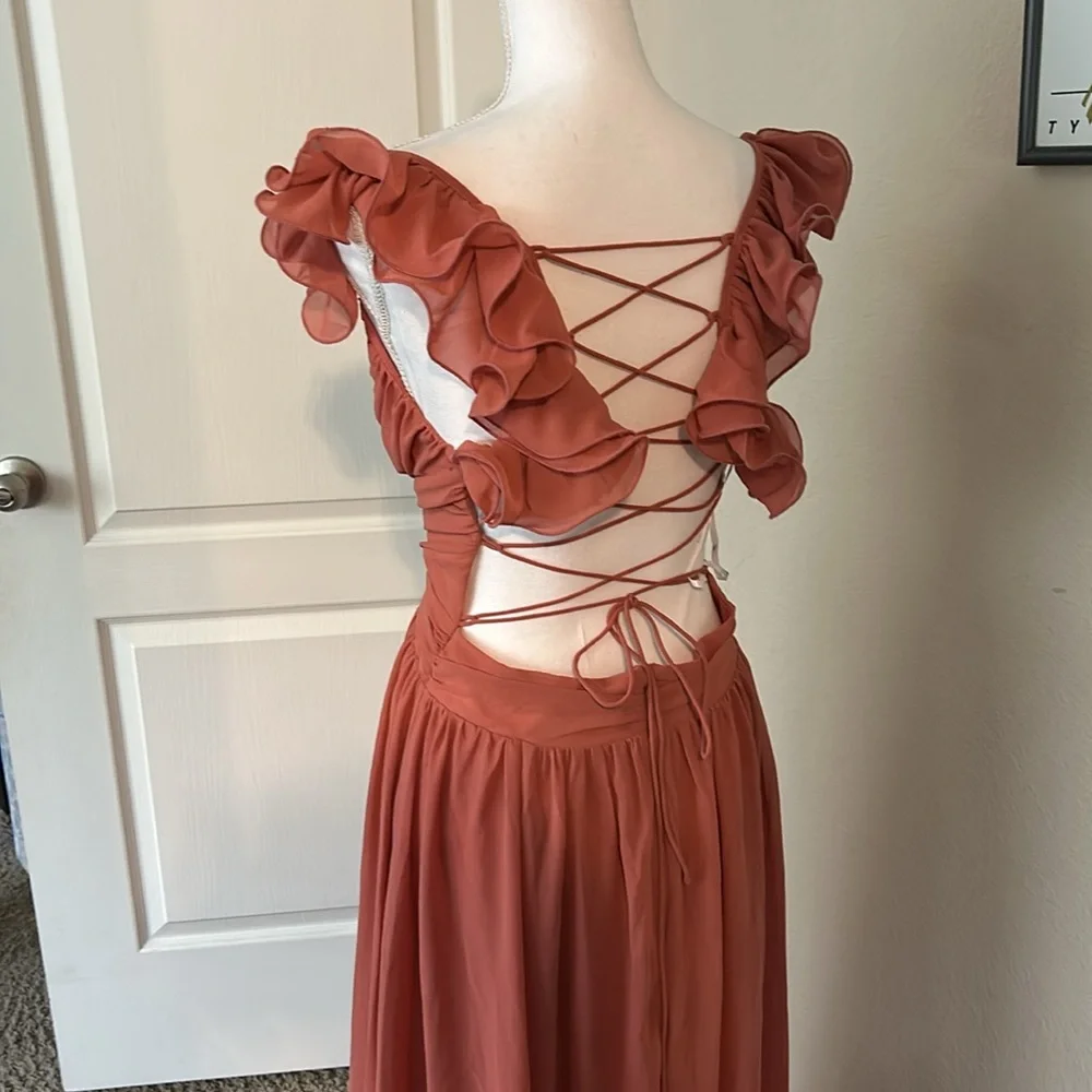 Lulu’s Large Soiree Celebration Rusty Rose Ruffled Lace-Up Maxi Dress - Picture 4 of 11